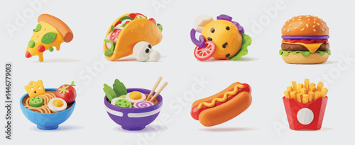 Cartoon Fast Food Icons Set Pizza Taco Burger Ramen Hotdog Fries