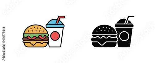Hamburger and Soda Combo Icon Set, Fast Food Graphic