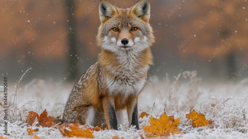 Obraz premium Adorable red fox amidst snowy woodlands during winter displaying autumn leaves surrounded by falling snow adding a seasonal charm to wildlife photography
