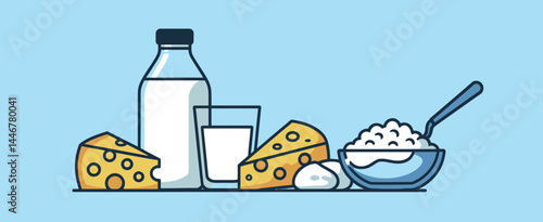 Dairy Products Illustration Milk Bottle, Cheese, Cottage Cheese, and Milk Glass