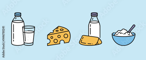 Dairy Products Illustration Milk Bottles Cheese and Cottage Cheese