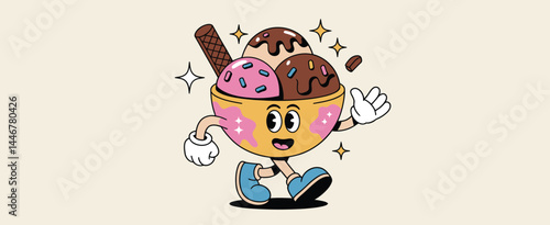 Happy Ice Cream Sundae Cartoon Character Walking