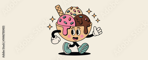 Happy Ice Cream Sundae Cartoon Character Walking