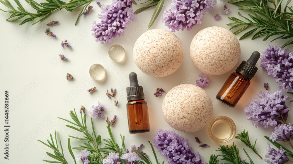 Aromatherapy setup with essential oils, bath bombs, and lavender flowers on a white background Aromatherapy setup with essential oils, bath bombs, and lavender flowers on a white background