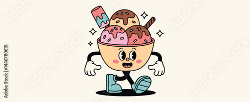 Happy Ice Cream Sundae Cartoon Character Walking