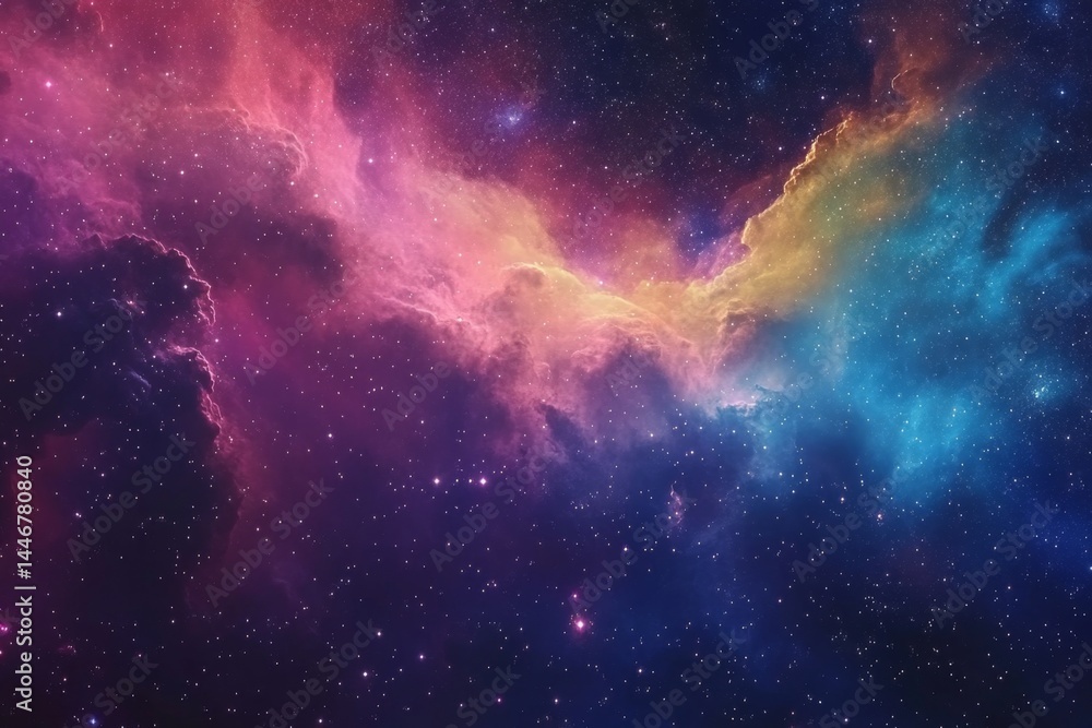 Obraz premium Colorful nebulae swirl across the cosmos. Vast expanse of space, vibrant clouds of gas and dust, scattered stars