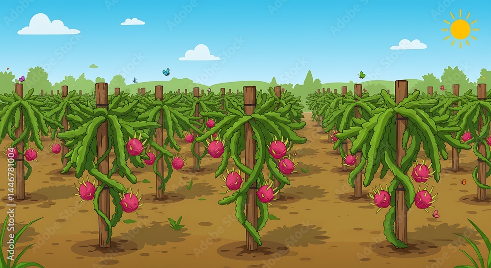 Growing Dragon Fruit in a Field with Wooden Supports Growing Dragon Fruit in a Field with Wooden Supports