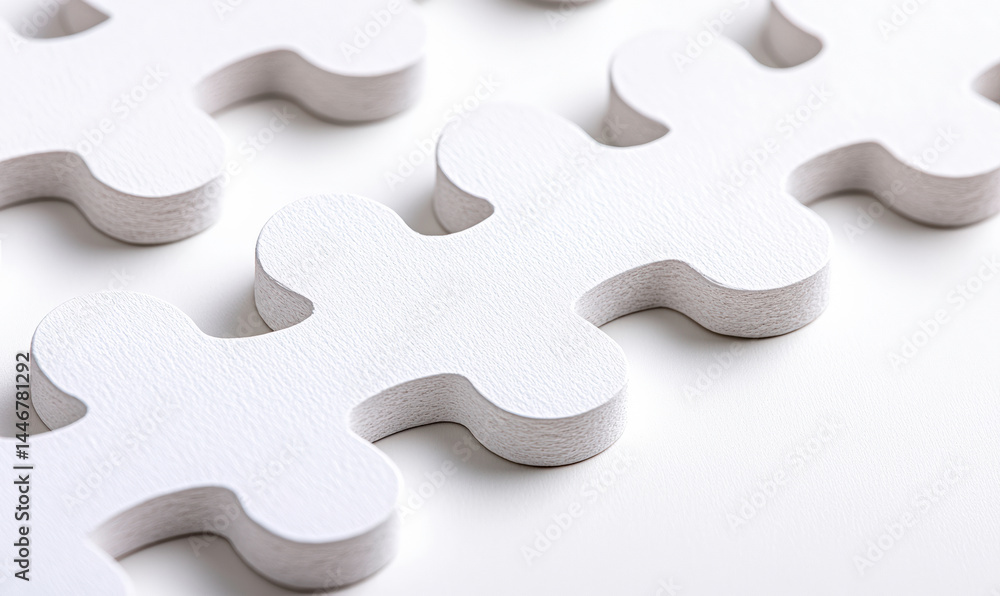 Close-up of Interlocking White Puzzle Pieces on a Light Background, Conceptualizing Cooperation and Problem Solving in Teamwork Visuals Close-up of Interlocking White Puzzle Pieces on a Light Background, Conceptualizing Cooperation and Problem Solving in Teamwork Visuals