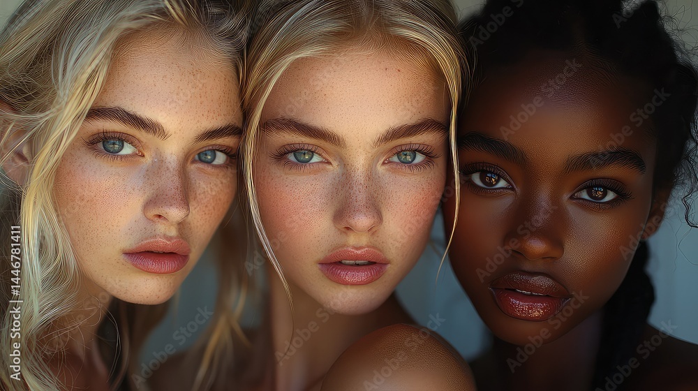 Close-up portrait of three young women with diverse ethnicities. Close-up portrait of three young women with diverse ethnicities.