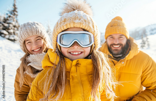 Joyful family enjoying ski trip in snow, wearing bright yellow winter jackets and hats, with smiling child in ski goggles