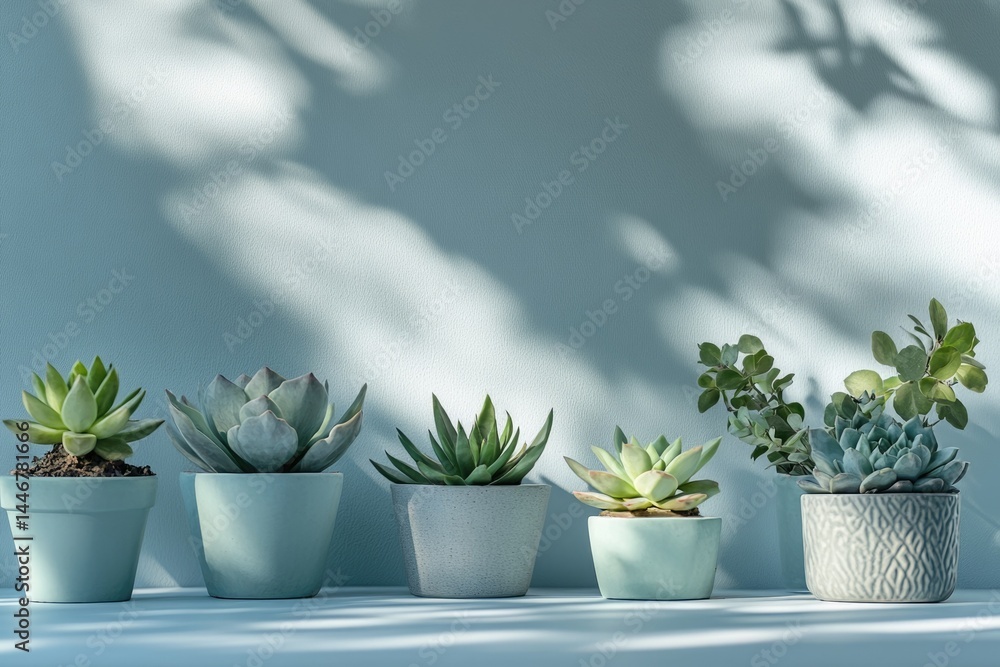 Five succulents in pastel pots are arranged on a light blue surface, bathed in sunlight. Five succulents in pastel pots are arranged on a light blue surface, bathed in sunlight.