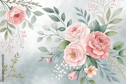 Watercolor Floral Roses Pattern in Soft Pink and Green on Gray Background