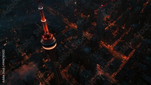 Night city skyline with tall tower.  Dense urban landscape at dawn, illuminated by street lights and glowing windows.  A prominent, tall tower dominates the scene, rising above the cityscape