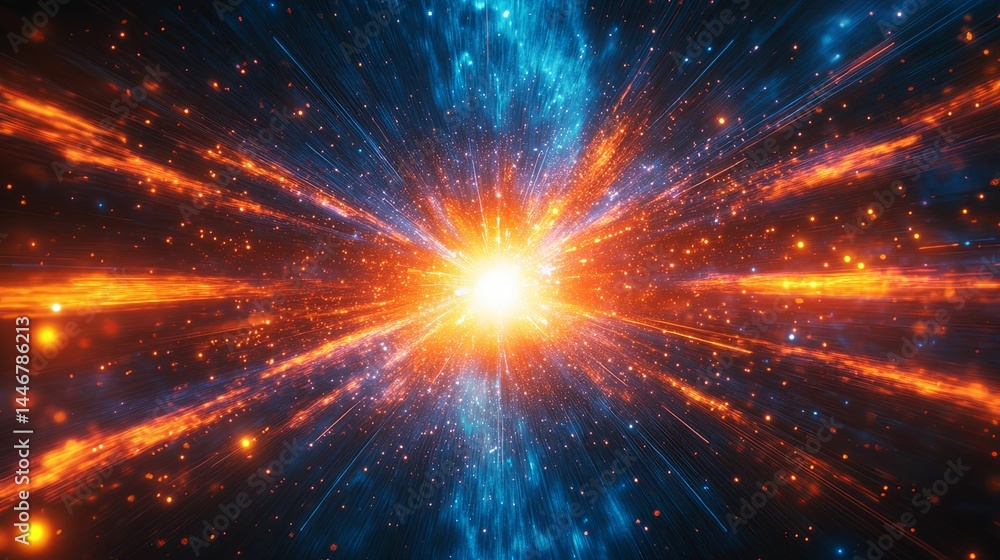 Dynamic cosmic explosion radiating outward into space. Dynamic cosmic explosion radiating outward into space.
