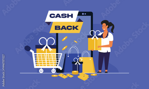 Mobile cashback service concept. Cash back app services. Girl with smartphone receiving cashback.