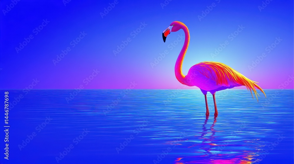 Fototapeta premium Vivid flamingo portrait in serene aquatic setting blending bold pink and orange hues against a calming indigo and lavender backdrop illustration