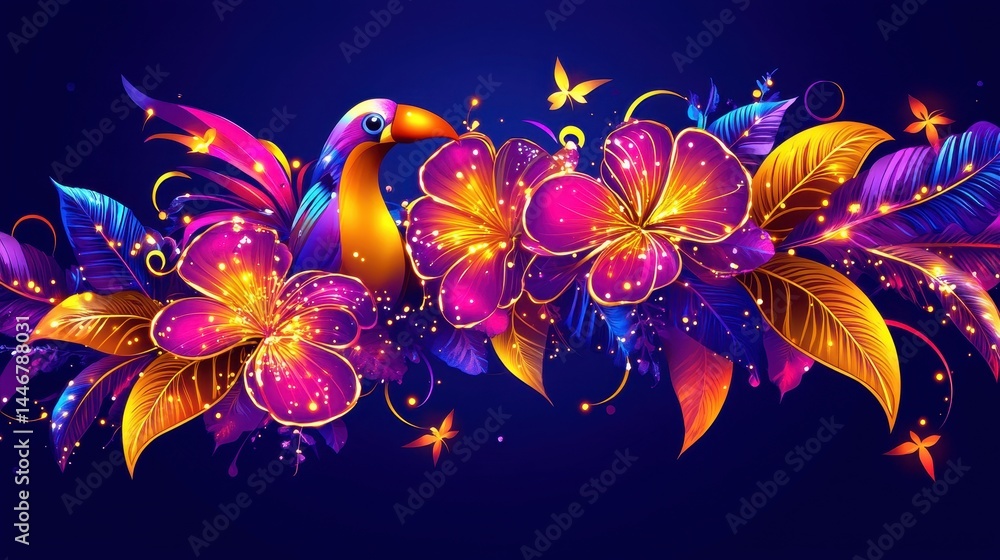 Obraz premium Exotic botanical arrangement of stylized bird, hibiscus flowers, and butterfly creating a unique fantasy design concept with vibrant vivid colors