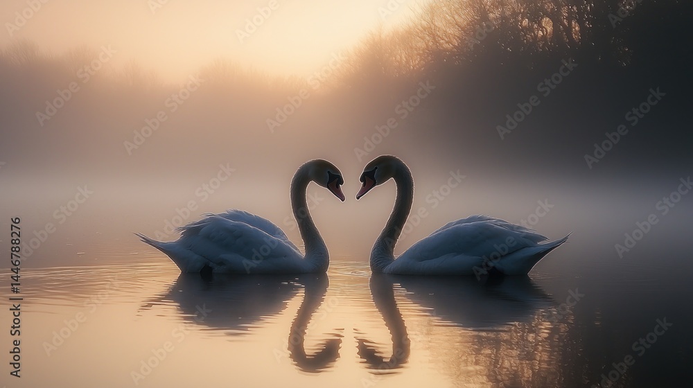 Fototapeta premium Two swans in a heart shape formation on a lake during sunrise