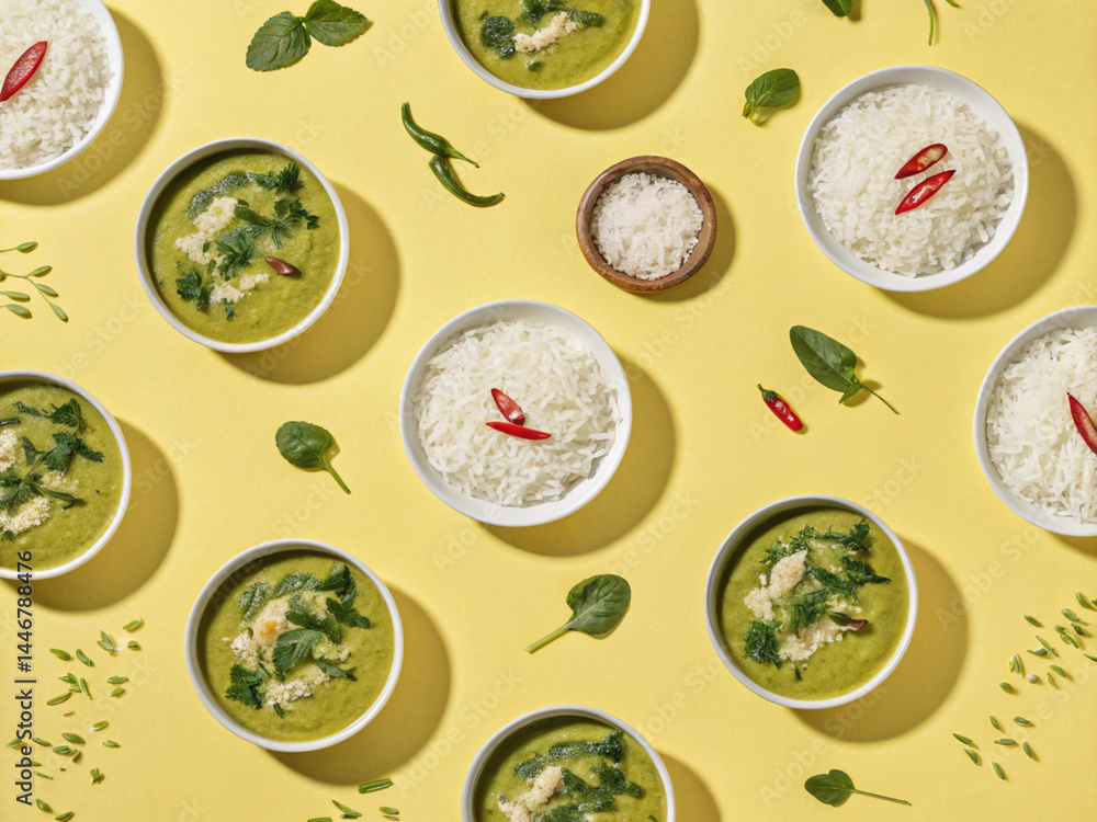 Green curry neatly lined up at equal intervals. Background material. Yellow background. Ethnic food. Spices. Hot. Hot. Spicy. Green curry neatly lined up at equal intervals. Background material. Yellow background. Ethnic food. Spices. Hot. Hot. Spicy.