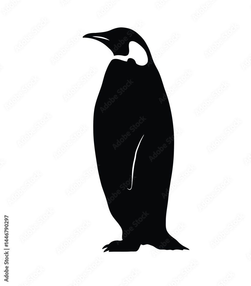 Naklejka premium Emperor penguin silhouette. This image shows a black silhouette of an emperor penguin, also known as a flightless seabird, standing upright in a sleek posture. Vector clipart illustration design.