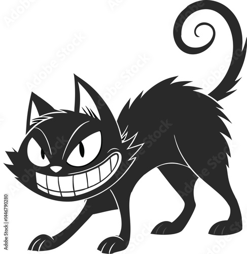 Black cartoon cat vector illustration, a black and white animal silhouette design