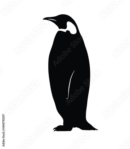 Emperor penguin silhouette. This image shows a black silhouette of an emperor penguin, also known as a flightless seabird, standing upright in a sleek posture. Vector clipart illustration design.
