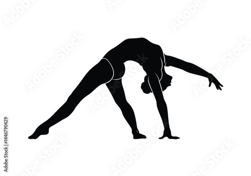 Gymnast silhouette. This image shows a black silhouette of a gymnast performing a pose that highlights flexibility, balance, and strength in an artistic form. Vector clipart illustration design.