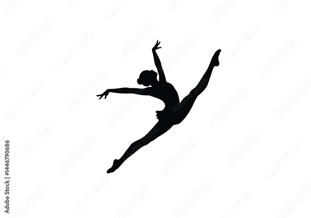 Gymnast leaping silhouette. This image shows a gymnast performing a graceful leap, emphasizing agility, balance, and athleticism in a dynamic pose. Vector clipart illustration design. Gymnast leaping silhouette. This image shows a gymnast performing a graceful leap, emphasizing agility, balance, and athleticism in a dynamic pose. Vector clipart illustration design.