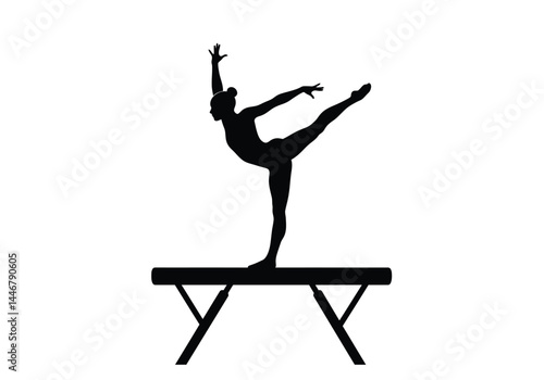 Gymnast beam silhouette. This image shows a gymnast performing a balance beam routine in a silhouette style, highlighting athleticism and grace. Vector clipart illustration design.