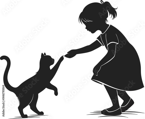 A black silhouette vector illustration shows a boy, a girl, and a puppy walking their dogs, a lovely animal pet design