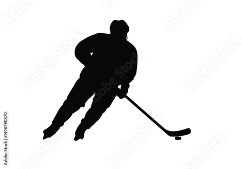 Hockey silhouette. This image shows a black silhouette of a hockey player in action, skating with a stick and puck. Vector clipart illustration design.