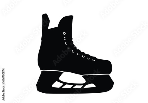 Hockey skate silhouette. This image shows a black and white silhouette of a hockey skate, also known as an ice skate, featuring its distinctive boot and sharp blade.  clipart illustration design.