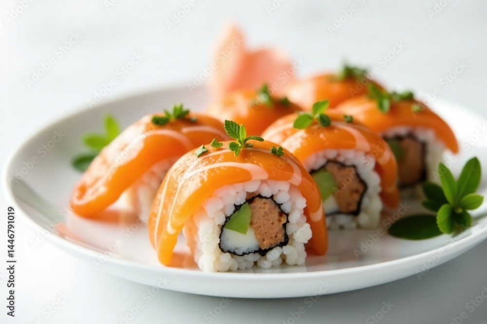 Elegant sushi platter, pristine white background, fish, ginger, delicious Elegant sushi platter, pristine white background, fish, ginger, delicious