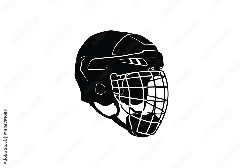 Naklejka premium Hockey helmet silhouette. This image shows a black and white vector clipart illustration design of a hockey helmet with a face guard, also known as a mask. Vector clipart illustration design.