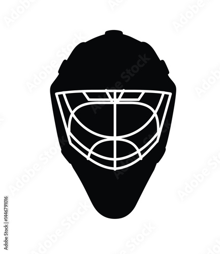 Goalie mask silhouette. This image shows a black silhouette of a goalie mask with white lines representing the cage and structure of the mask. Vector clipart illustration design.