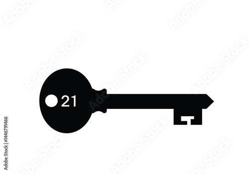 21st key silhouette. This image shows a black key with the number 21 on it, representing a milestone, birthday, or significant celebration. Vector clipart illustration design.