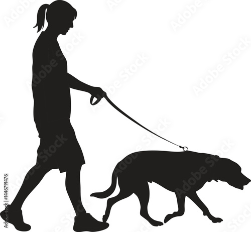 A black vector silhouette shows a woman walking her dog pet on a leash in the park