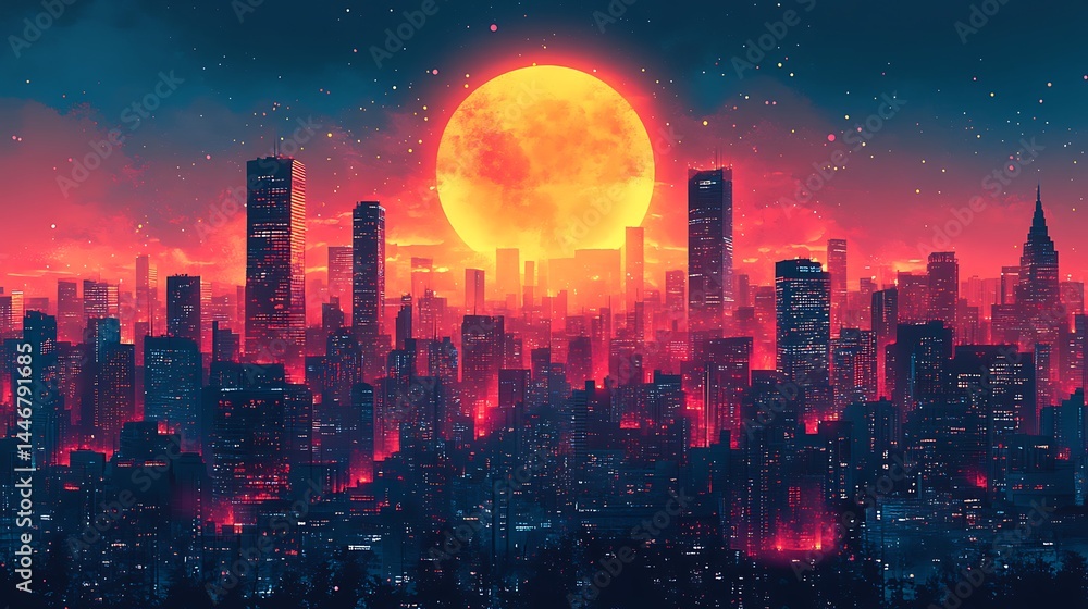 Obraz premium Cityscape silhouetted against dramatic sunset sky