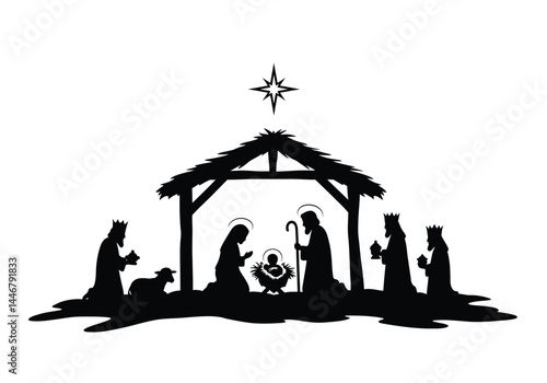 Christmas silhouette nativity. This image shows a nativity scene with Mary, Joseph, baby Jesus, shepherd, three wise men, a lamb under a stable with a star above. Vector clipart illustration design.