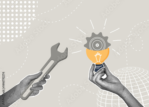 Trendy halftone collage. Hands holding a light bulb with a gear and a wrench.Concept product development,business problem solving,efficiency concept.