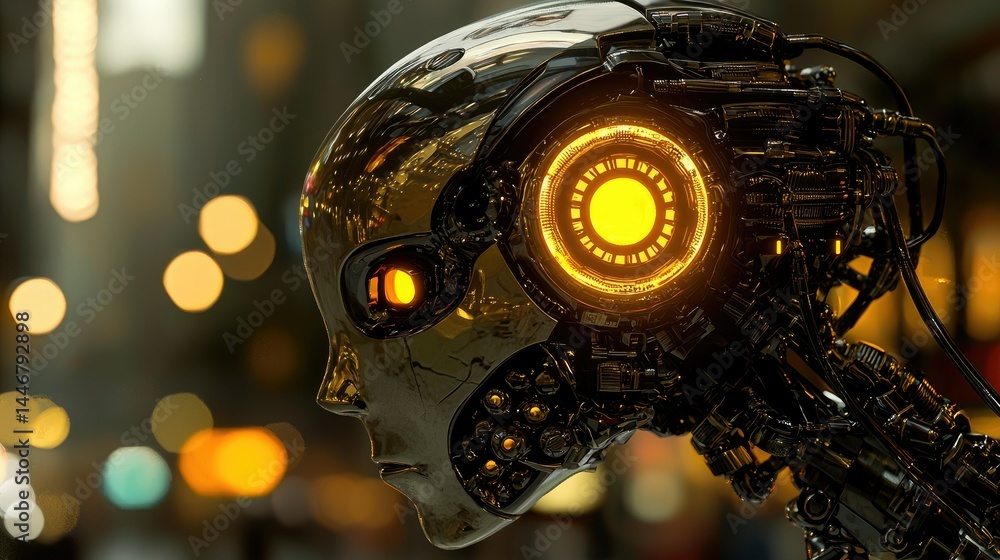Fototapeta premium Metallic robot head profile against city lights.