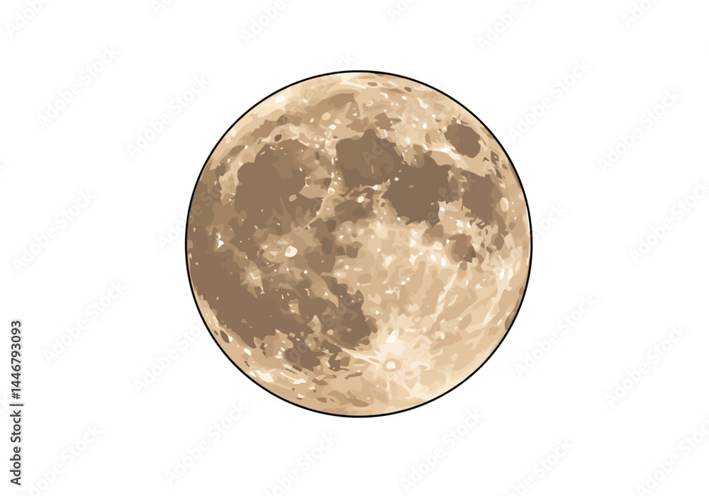 Naklejka premium Full moon silhouette. This image shows a circular full moon silhouette, also known as a lunar shape, radiating a bright and peaceful glow in the night sky. Vector clipart illustration design.