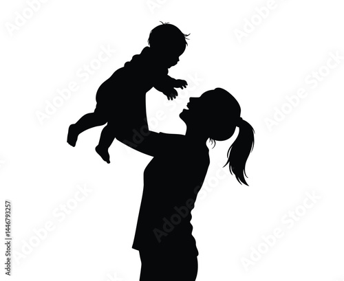Mom silhouette. This image shows a mother lifting her child in the air, highlighting the bond between them. Vector clipart illustration design.