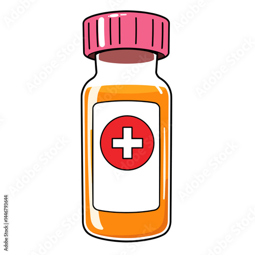 A glass bottle of medicine with a red cross symbol.
