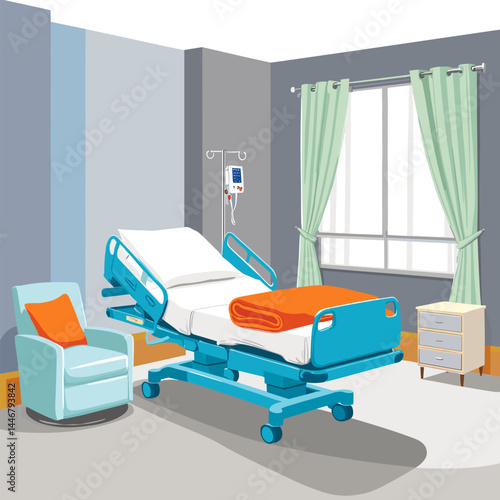 A hospital room with a bed, a window, and some furniture