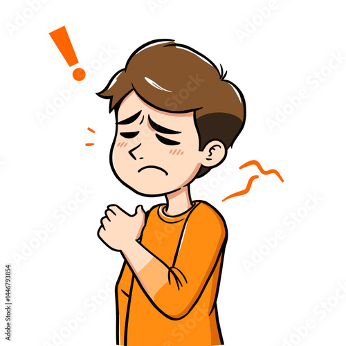 A person holding their painful shoulder with a worried expression and an exclamation mark indicating discomfort.