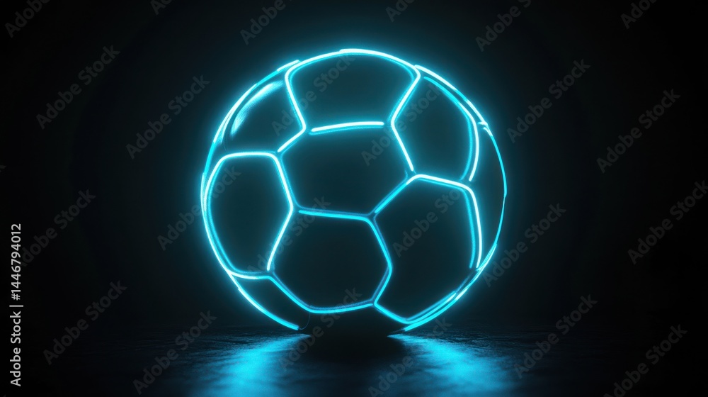 Naklejka premium Neon blue soccer ball, glowing on dark surface