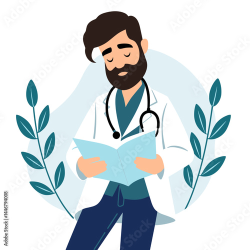 A thoughtful doctor with a beard and stethoscope reading a medical book, with abstract leaf shapes around him.