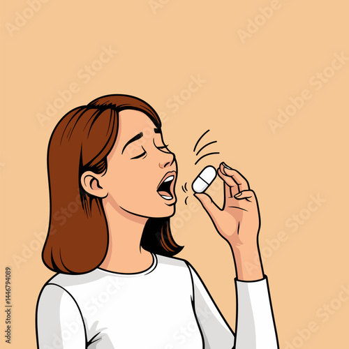 A woman taking pills, indicating treatment or management of a health condition.