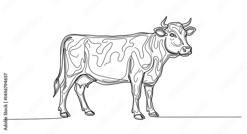 Fototapeta premium Cow standing in a pasture with a simple line drawing style in rural setting Generative AI